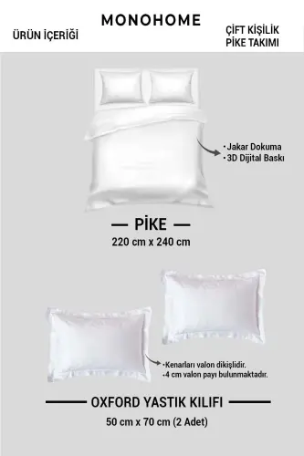 %100 Pamuk Pike Yatak Örtüsü Takımı Çift Kişilik – Jakar Dokuma Blue - Mavi - 3