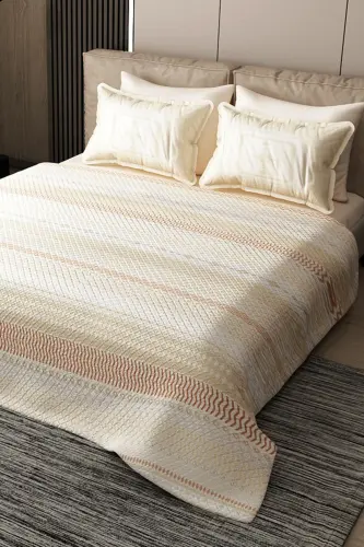 Pike Takımı Pamuklu Çift Kişilik Jakar Dokuma Yatak Örtüsü Cream Deep-Krem 