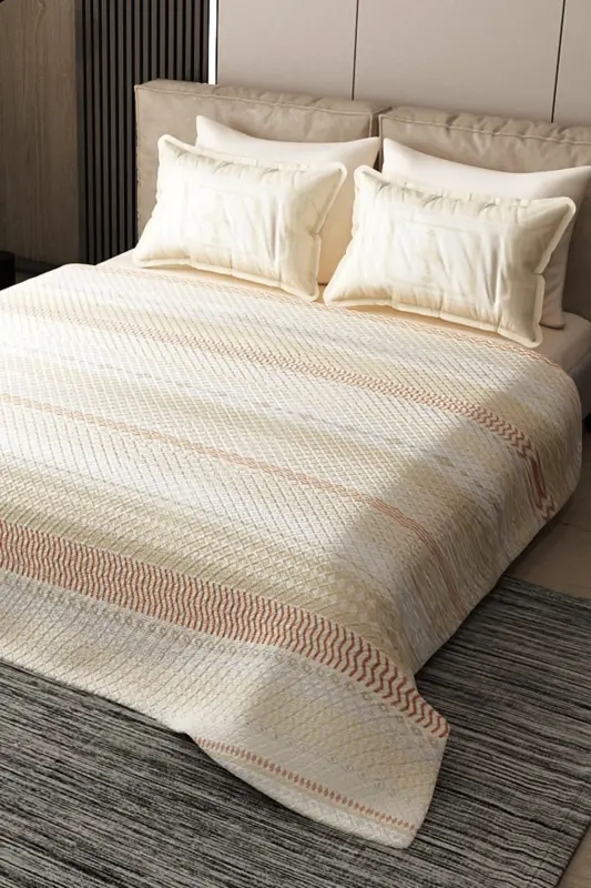 Pike Takımı Pamuklu Çift Kişilik Jakar Dokuma Yatak Örtüsü Cream Deep-Krem - 1