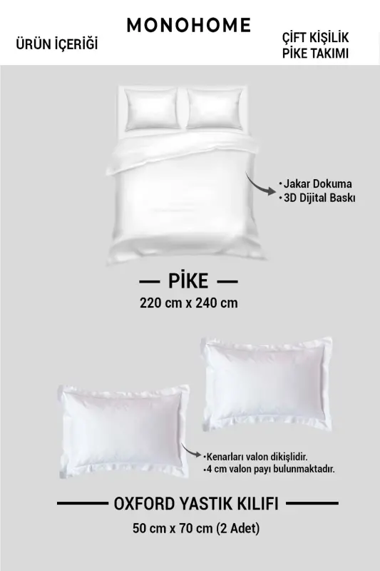 %100 Pamuk Pike Yatak Örtüsü Takımı Çift Kişilik – Jakar Dokuma Soft - Krem - 3