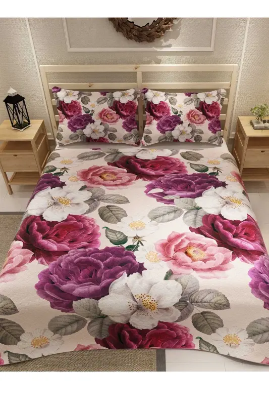 Pike Takımı Pamuklu Çift Kişilik Jakar Dokuma Yatak Örtüsü Flower Dream-Pudra - 1