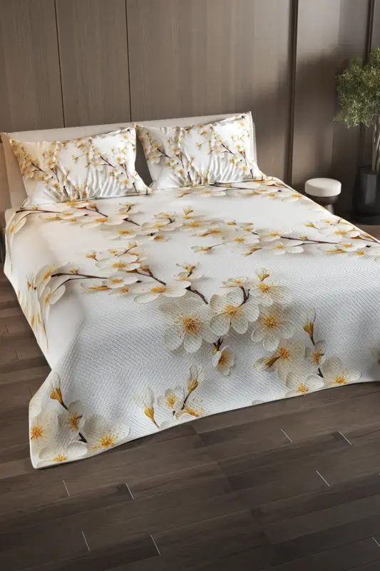 Anneler Günü Özel %100 Pamuk Pike Yatak Örtüsü Takımı Çift Kişilik – Jakar Dokuma Jasmin - Beyaz - Sarı - 2