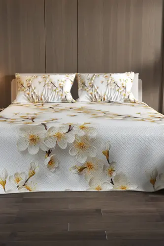 Anneler Günü Özel %100 Pamuk Pike Yatak Örtüsü Takımı Çift Kişilik – Jakar Dokuma Jasmin - Beyaz - Sarı - 3
