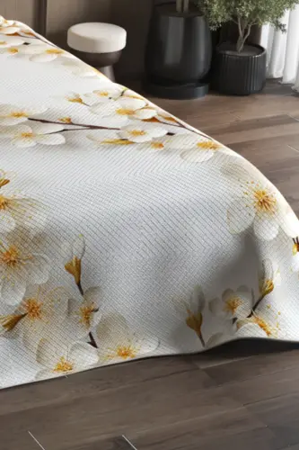 Anneler Günü Özel %100 Pamuk Pike Yatak Örtüsü Takımı Çift Kişilik – Jakar Dokuma Jasmin - Beyaz - Sarı - 5