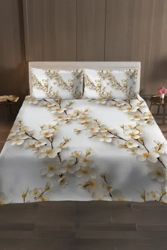 Anneler Günü Özel %100 Pamuk Pike Yatak Örtüsü Takımı Çift Kişilik – Jakar Dokuma Jasmin - Beyaz - Sarı - 8