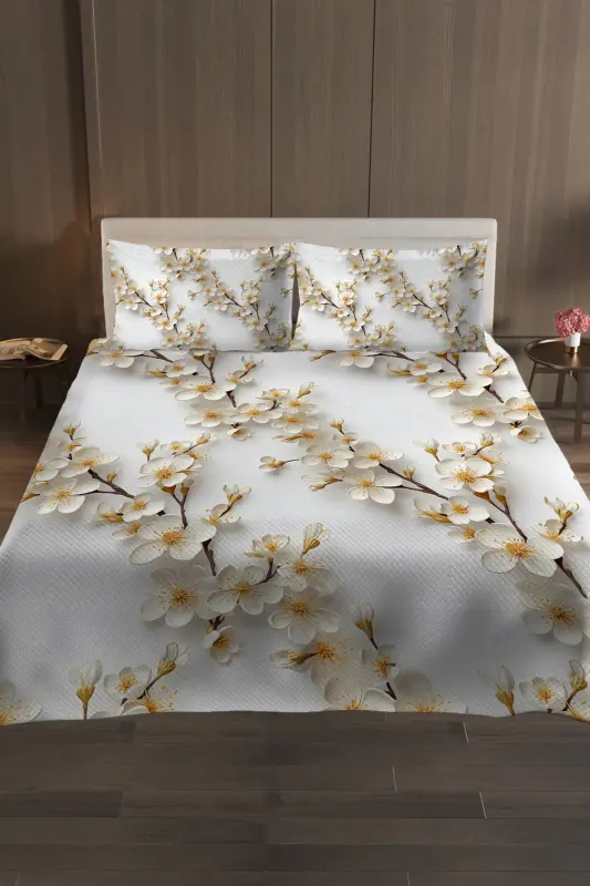 Anneler Günü Özel %100 Pamuk Pike Yatak Örtüsü Takımı Çift Kişilik – Jakar Dokuma Jasmin - Beyaz - Sarı - 8