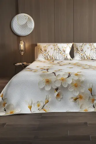Anneler Günü Özel %100 Pamuk Pike Yatak Örtüsü Takımı Çift Kişilik – Jakar Dokuma Jasmin - Beyaz - Sarı 