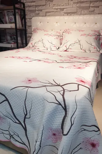 Pike Takımı Pamuklu Çift Kişilik Jakar Dokuma Yatak Örtüsü Kiraz Çiçeği-Pembe 