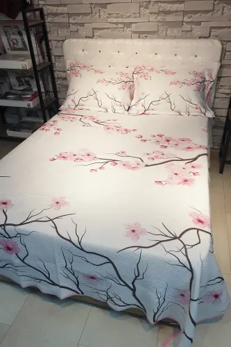 Pike Takımı Pamuklu Çift Kişilik Jakar Dokuma Yatak Örtüsü Kiraz Çiçeği-Pembe - MONOHOME (1)
