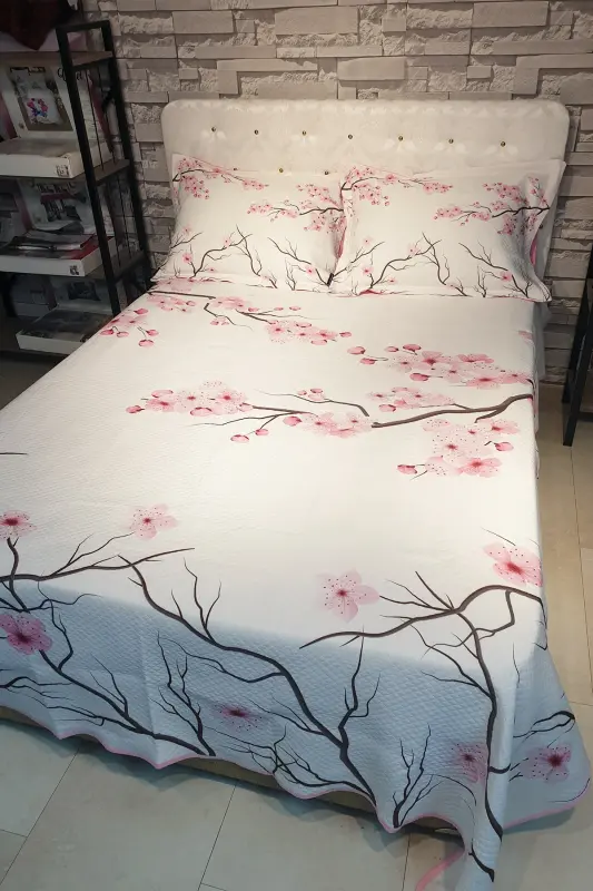 Pike Takımı Pamuklu Çift Kişilik Jakar Dokuma Yatak Örtüsü Kiraz Çiçeği-Pembe - 2