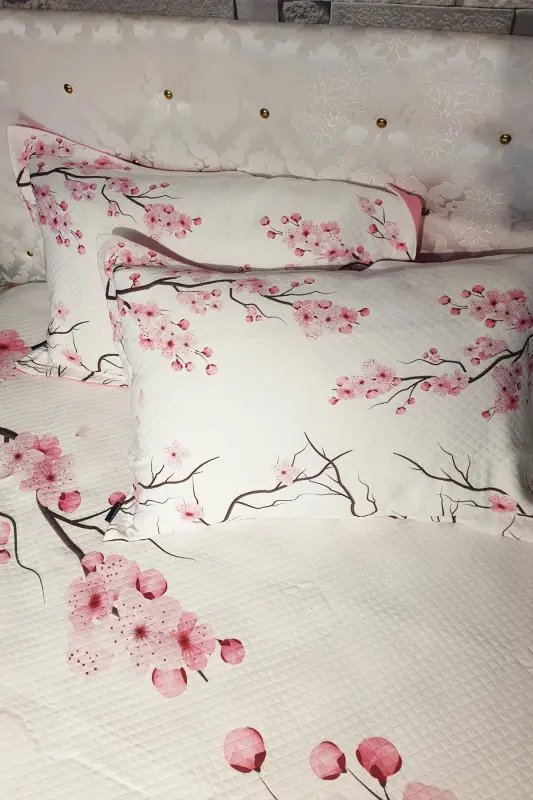 Pike Takımı Pamuklu Çift Kişilik Jakar Dokuma Yatak Örtüsü Kiraz Çiçeği-Pembe - 5