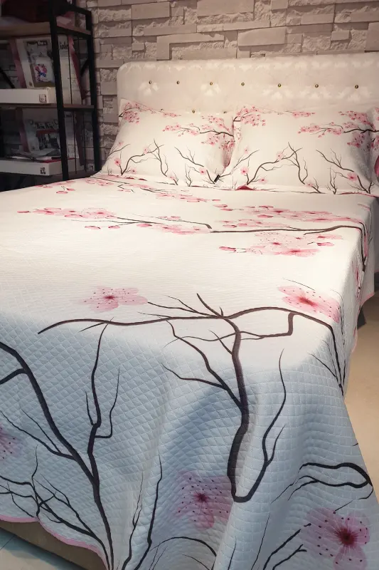 Pike Takımı Pamuklu Çift Kişilik Jakar Dokuma Yatak Örtüsü Kiraz Çiçeği-Pembe - 1