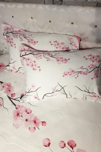 %100 Pamuk Pike Yatak Örtüsü Takımı Çift Kişilik – Jakar Dokuma Kiraz Çiçeği - Pembe - 5