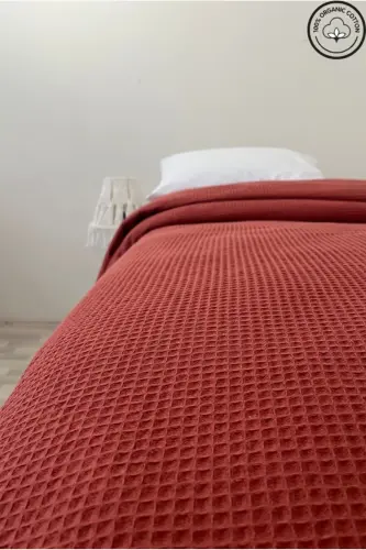 Pike Tek Kişilik %100 Pamuk Waffle Desenli Yatak Örtüsü Otel Tipi Lüx Pike-Kiremit - VESSİNOHOME (1)