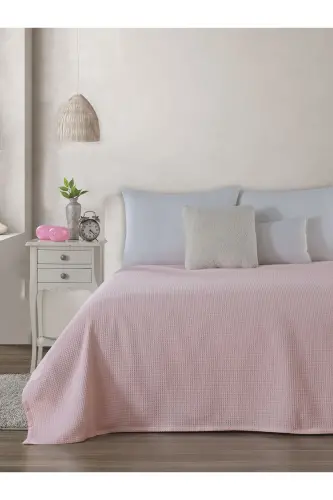 Pike Tek Kişilik %100 Pamuk Waffle Desenli Yatak Örtüsü Otel Tipi Lüx Pike-Pembe - VESSİNOHOME (1)