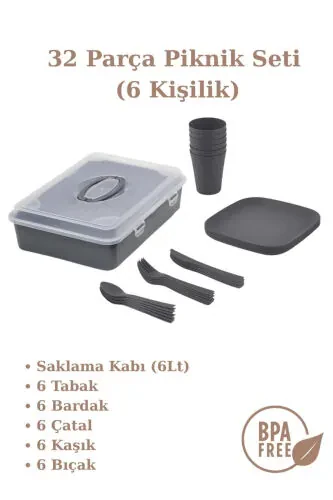 Piknik Seti 32 Parça 6 Kişilik Bardak Çatal Kaşık Tabak 1500 Mürdüm Ve Antri-ANTRASİT - GENEL MARKALAR