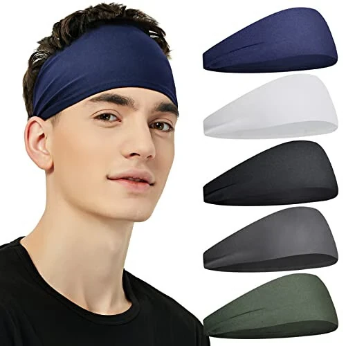 Pilamor Sports Headbands for Men (5 Pack),Moisture Wicking Workout Headband, Sweatband Headbands for Running,Cycling,Football,Yoga,Hairband for Women and Men - Pilamor