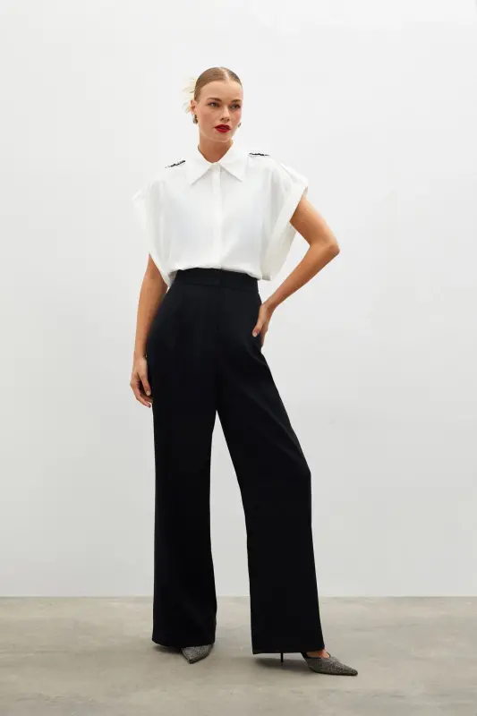 Pile Detailed Loose Fit Pants - Black-BLACK - 2