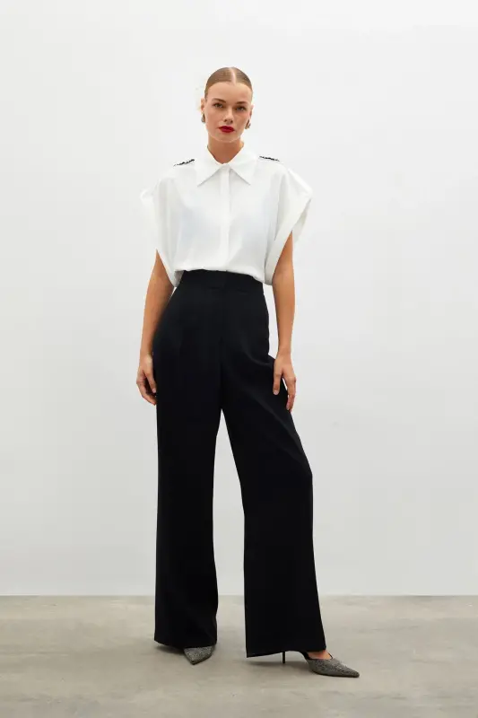 Pile Detailed Loose Fit Pants - Black-BLACK - 4