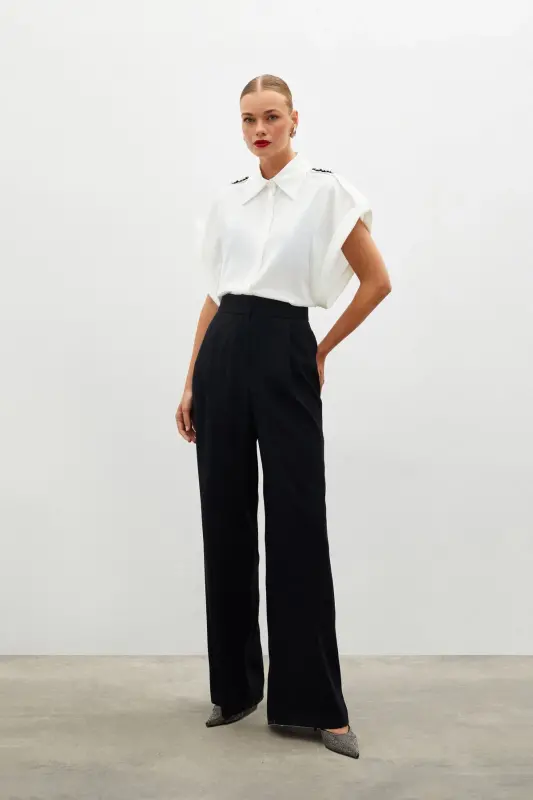 Pile Detailed Loose Fit Pants - Black-BLACK - 6