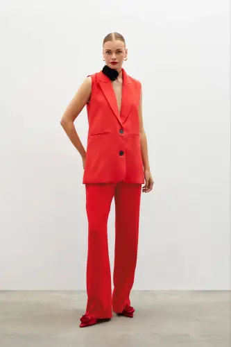 Pile Detaylı Salaş Pantolon - Kırmızı-KIRMIZI - 2