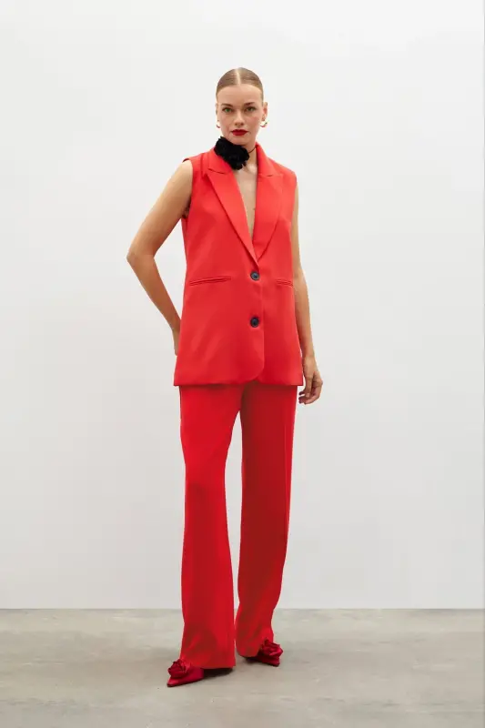 Pile Detaylı Salaş Pantolon - Kırmızı-KIRMIZI - 2