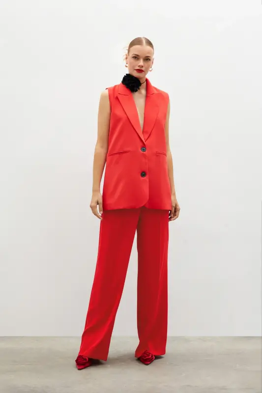 Pile Detaylı Salaş Pantolon - Kırmızı-KIRMIZI - 3