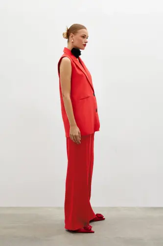 Pile Detaylı Salaş Pantolon - Kırmızı-KIRMIZI - 4