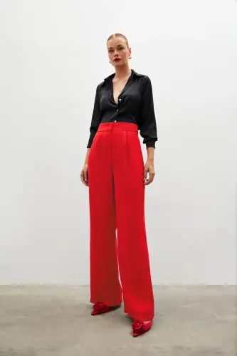 Pile Detaylı Salaş Pantolon - Kırmızı-KIRMIZI - 6