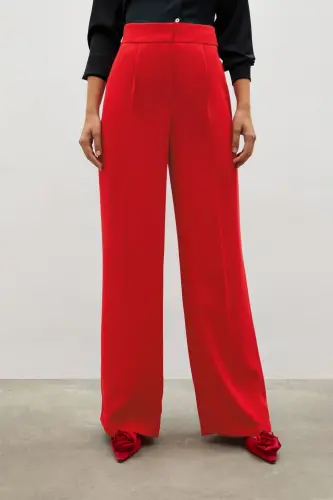Pile Detaylı Salaş Pantolon - Kırmızı-KIRMIZI - 7
