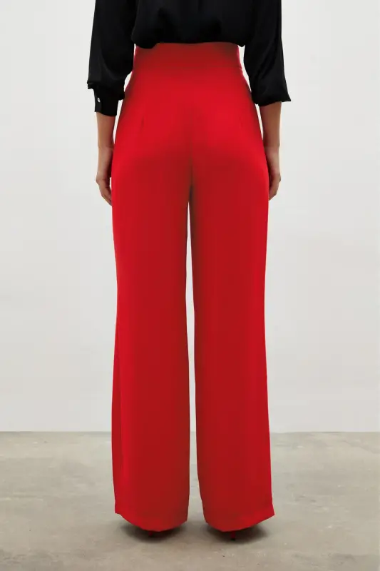 Pile Detaylı Salaş Pantolon - Kırmızı-KIRMIZI - 8