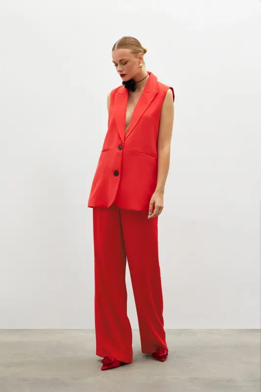 Pile Detaylı Salaş Pantolon - Kırmızı-KIRMIZI - SATEEN