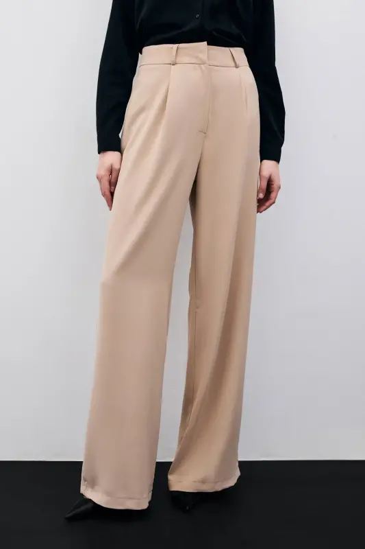 Pileli Krep Pantolon - Bej-BEJ - 4