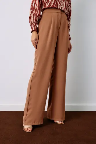 Pileli Krep Pantolon - Camel-CAMEL - 4