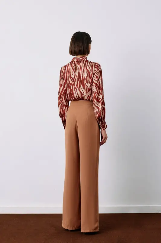 Pileli Krep Pantolon - Camel-CAMEL - 6