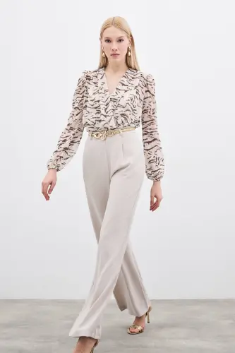 Pileli Krep Pantolon - Taş-TAŞ - 3