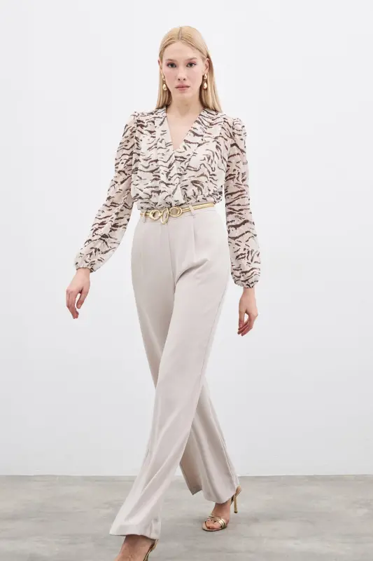 Pileli Krep Pantolon - Taş-TAŞ - 3