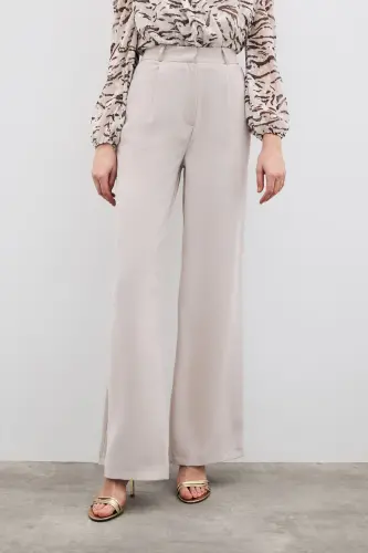 Pileli Krep Pantolon - Taş-TAŞ - 4