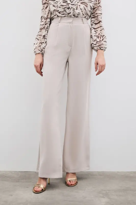 Pileli Krep Pantolon - Taş-TAŞ - 4