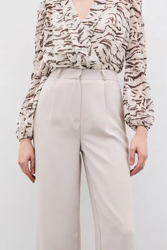 Pileli Krep Pantolon - Taş-TAŞ - 5