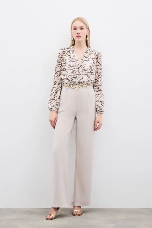 Pileli Krep Pantolon - Taş - TAŞ - Sateen
