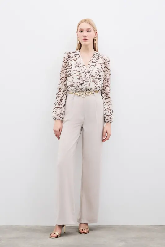 Pileli Krep Pantolon - Taş-TAŞ - SATEEN