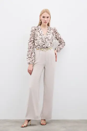 Pileli Krep Pantolon - Taş-TAŞ - 2