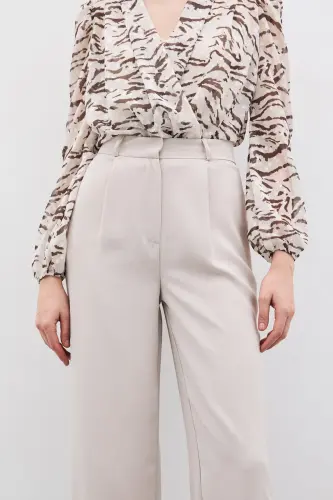 Pileli Krep Pantolon - Taş-TAŞ - 5