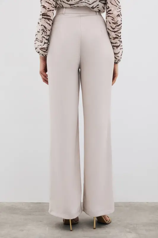 Pileli Krep Pantolon - Taş-TAŞ - 6