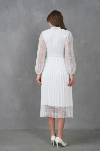 Pilise Detayli Kamarli Dizayn Uzun Yengli Oq Dantelli Kechki Libos 57834-BEYAZ - 3