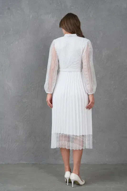 Pilise Detayli Kamarli Dizayn Uzun Yengli Oq Dantelli Kechki Libos 57834-BEYAZ - 3