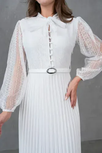 Pilise Detayli Kamarli Dizayn Uzun Yengli Oq Dantelli Kechki Libos 57834-BEYAZ - 4