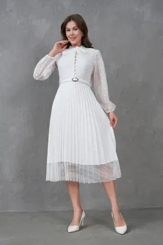 Pilise Detayli Kamarli Dizayn Uzun Yengli Oq Dantelli Kechki Libos 57834-BEYAZ - 5