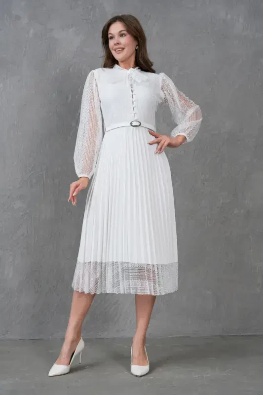 Pilise Detayli Kamarli Dizayn Uzun Yengli Oq Dantelli Kechki Libos 57834-BEYAZ - 6